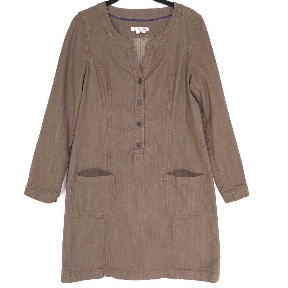 Boden Denim Mini Dress 8R Brown 100% Cotton Button Up Shift Tunic Natural WH443